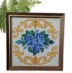 Vintage Framed Needlepoint  Blue Roses Floral Wall Art Shabby Chic Boho Decor